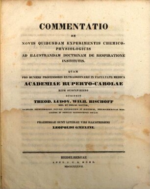 Commentatio de novis quibusdam experimentis chemico-physiologicis, ad illustrandam doctrinam de respiratione institutis