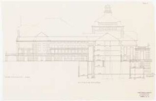 Staatstheater Kassel: Südwestansicht, Schnitt durch den Seitenflügel (Blatt 9) 1:200