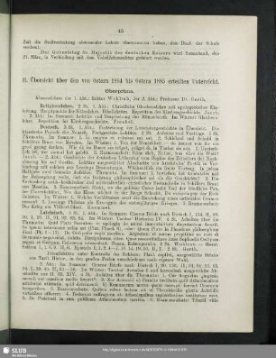 II. Übersicht über den von Ostern 1884 bis Ostern 1885 erteilten Unterricht