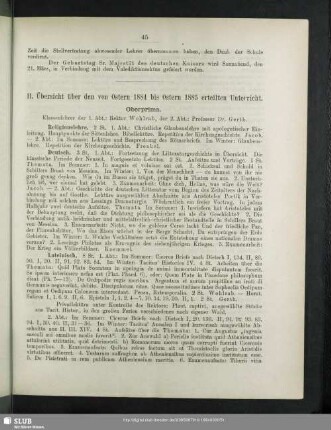 II. Übersicht über den von Ostern 1884 bis Ostern 1885 erteilten Unterricht