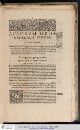 Actorum Tertiae Generalis Synodi, Tomus primus
