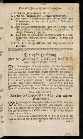 211-218, Die erste Handlung. Von der Italiaenischen Orthographie, oder rechten Schreib-Art.