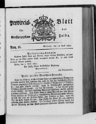 Num. 16, Ausgabe vom 18. April 1821