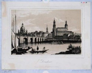 Stadtansicht von Dresden, Blick von Norden vom Neustädter Ufer über die Elbe entlang der Augustusbrücke auf die Altstadt