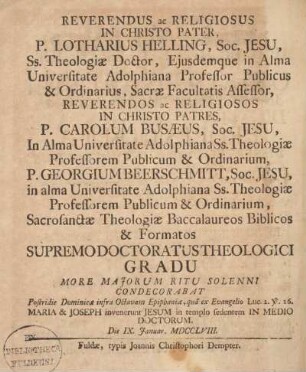 Reverendus ac religiosus in Christo Pater, P. Lotharius Helling, Soc. Jesu ...
