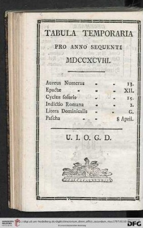 Tabula Temporaria pro anno sequenti MDCCXCVIII