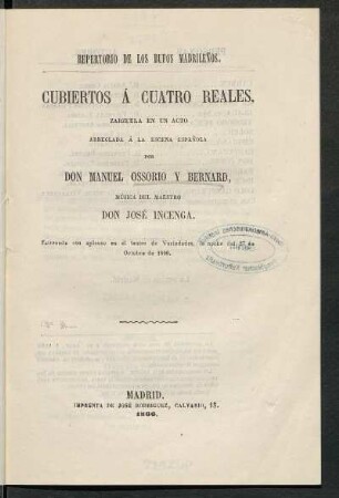 Cubiertos a cuatro reales : zarzuela en un acto