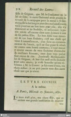 Lettre CCCXCIX. A la même. A Paris, Mécredi 17. Janvier, 1680