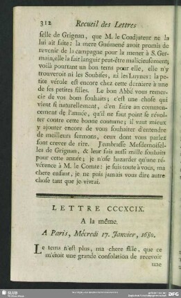 Lettre CCCXCIX. A la même. A Paris, Mécredi 17. Janvier, 1680