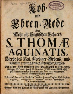 Lob- und Ehren-Rede des ... Lehrers S. Thomae Aquinatis