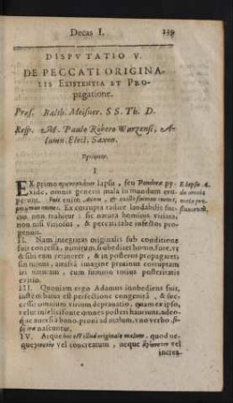 Disputatio V. De Peccati Originalis Existentia Et Propagatione