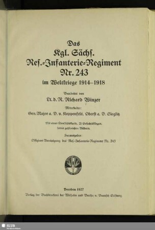 Das Kgl. Sächs. Res.-Infanterie-Regiment Nr. 243 im Weltkriege 1914-1918