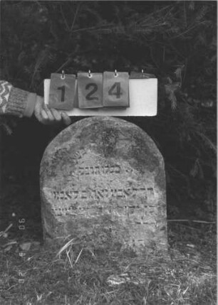 Grabstein 124 (Index: 100008951) Zustand: eingesunken, größerer Teil abgebröckelt Maße HxBxT: 45x38x6 cm Besonderheit: Kindergrab: Grabstein 124