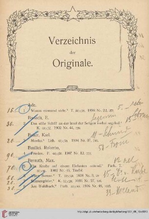 Verzeichnis der Originale (Nr. 1-439)