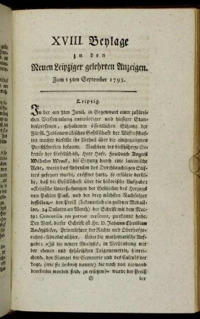 XVIII. Beylage zu den Neuen Leipziger gelehrten Anzeigen. Zum 15ten September 1793.
