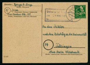 Postkarte & Mitteilung an die Universität über das Ableben Geigers (28.10.1945)