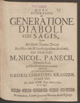 Dissertatio De Generatione Diaboli Cum Sagis