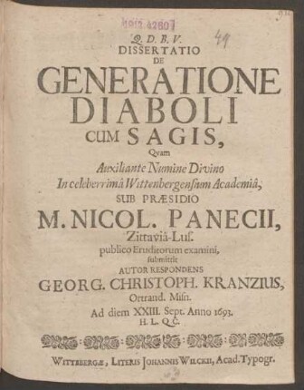Dissertatio De Generatione Diaboli Cum Sagis