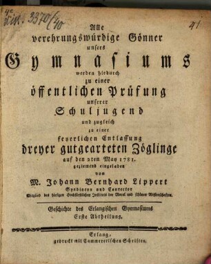Geschichte des Erlangischen Gymnasiums : Abth. 1