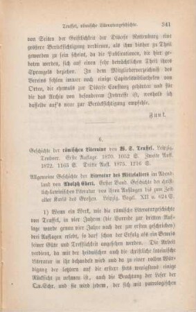 341-346 [Rezension] Teuffel, Wilhelm Sigismund, W. S. Teuffels Geschichte der Römischen Literatur