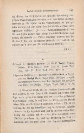 341-346 [Rezension] Teuffel, Wilhelm Sigismund, W. S. Teuffels Geschichte der Römischen Literatur