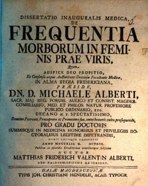 Dissertatio inauguralis medica de frequentia morborum in feminis prae viris
