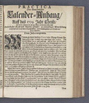 Practica Oder Gewöhnlicher Calender-Anhang/ Auff das 1709. Jahr Christi