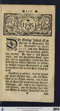 Kurzer Bericht Von dem Leben, und Wunderthaten Des Seligen Josephi Calasanctii a Matre Dei.