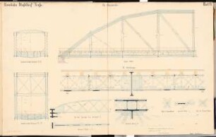 Eisenbahnbrücke über den Rhein, Düsseldorf Schinkelwettbewerb 1867: Flussbrücke: Längsschnitt, Querschnitte, Horizontalschnitte; 2 Maßstabsleisten