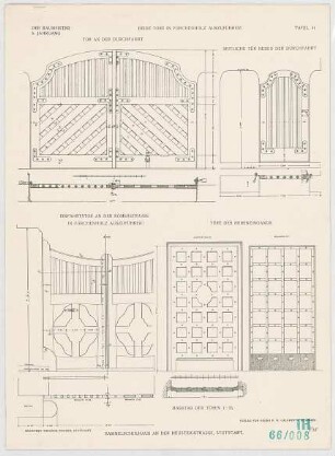 Fischer, Theodor; Stuttgart, Heusteigstr.; Sammelschulhaus - Tor an der Durchfahrt (Grundriss, Ansicht); Seitliche Tür neben der Durchfahrt (Grundriss, Ansicht); Einfahrtstor an der Römerstrasse (Ansicht, Schnitte); Nebeneingangstür (Grundriss, Ansichten)