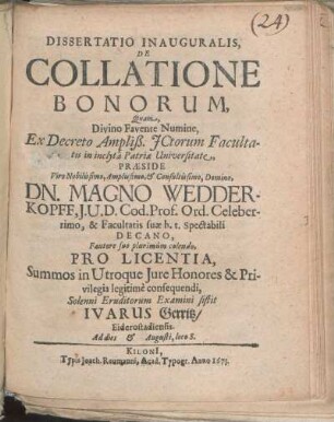 Dissertatio Inauguralis, De Collatione Bonorum