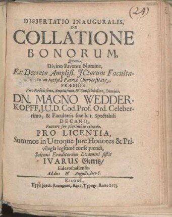 Dissertatio Inauguralis, De Collatione Bonorum