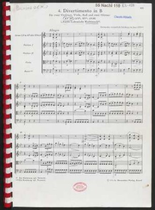 4. Divertimento in B : für zwei Violinen, Viola, Baß und zwei Hörner : KV 287 (271b; KV⁶: 271H) : ("Zweite Lodronische Nachtmusik")