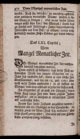 Das LXI. Capitel; Vom Mangel Monatlicher Zeit. - Das LIX. Capitel; Von allerhand Aeusserlichen Gebrechen bey Kindern.