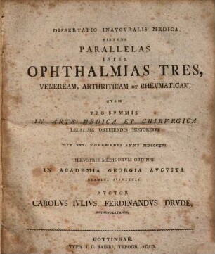 Dissertatio medica sistens parallelas inter ophthalmia tres, veneream, arthriticam et rheumaticam