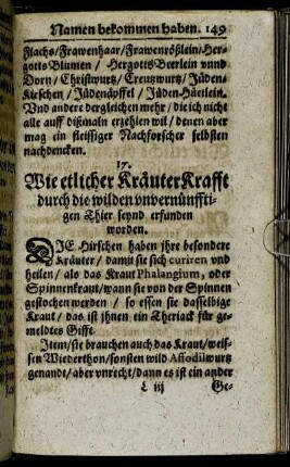 17. Wie etliche Kräuter Krafft durch die wilden unvernünfftigen Thier seynd erfunden worden.