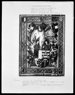 Fünfbändiges Missale von Berthold Furtmeyr — Dritter Band — Wappen des Erzbischofs Graf von Schaunberg von zwei Engeln gehalten, Folio 2verso
