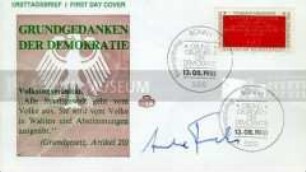 Ersttagsbrief, signiert von Anke Fuchs, im Jahre 1982 Bundesministerin für Jugend im Kabinett von Helmut Schmidt