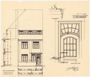 Fassaden der nach dem Brand am 17. Juni 1915 wiederaufgebauten Häuser, Duderstadt: Aufriss: Ansicht von der Straße 1:50; Fassadenschnitte horizontal und vertikal 1:50; Details 1:10: Haustür und Gesims