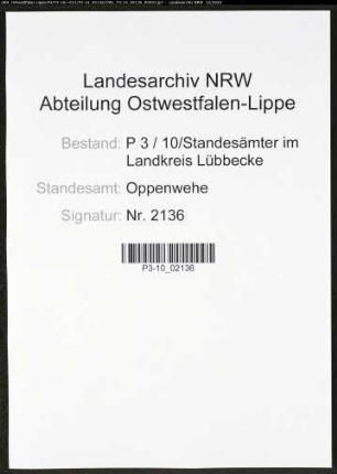 Sterberegister Standesamt Oppenwehe
