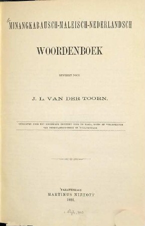 Minangkabausch-Maleisch-Nederlandsch woordenboek bewerkt d. J. L. van der Toorn