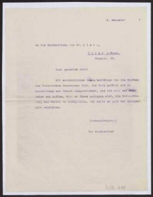 Schreiben an Buchhandlung Lintz, Trier (Brief)