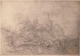 Furt in einer Berglandschaft mit Turmruine