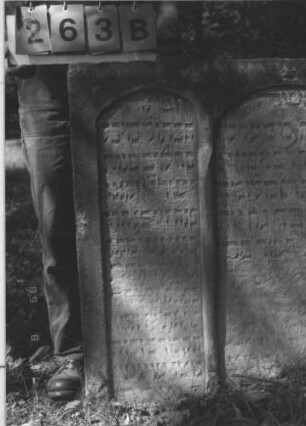 Grabstein 263 (Index: 99609899) Material: Sandstein Zustand: verwittert, teilweise Textverlust Maße HxBxT: 83x77x12 cm Beschreibung: Doppelstele (links: Minle; rechts: Merle), Schriftfeld eingetieft mit Segmentbogenabschluß Besonderheit: Doppelgrab: Grabstein 263B