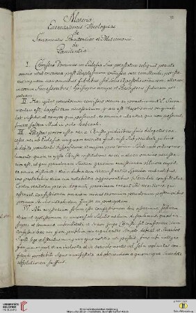 Material- und Thesensammlung: Materia Exercitationis Theologicae de Sacramentis Pœnitentiae et Matrimonii. de Pœnitentia.