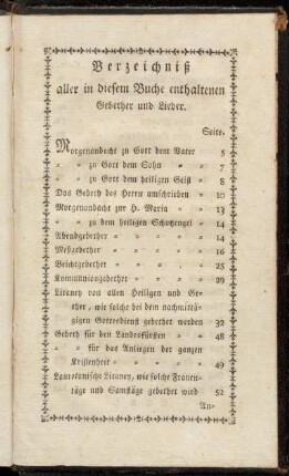Verzeichniß aller in diesem Buche enthaltenen Gebether und Lieder.