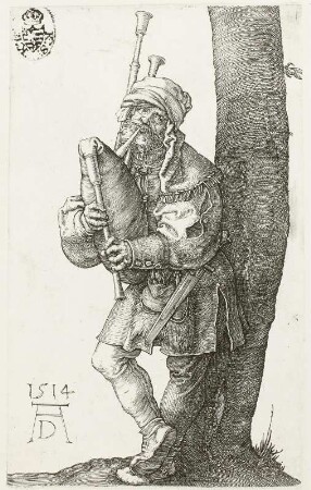 Der Dudelsackpfeifer : Dürer, Albrecht: Der Dudelsackpfeifer. 1514. Kupferstich; 11,5 x 7,2 cm. Dresden: Kupferstich-Kabinett A 814