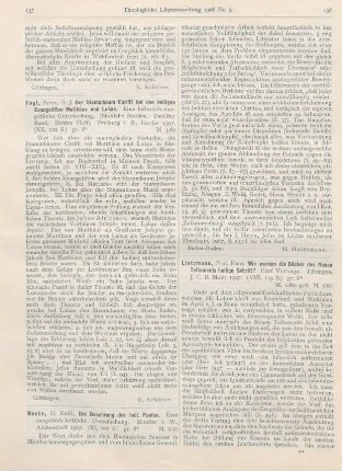 137 [Rezension] Vogt, Peter, Der Stammbaum Christi bei den heiligen Evangelisten Matthäus und Lukas. Eine historisch-exegetische Untersuchung