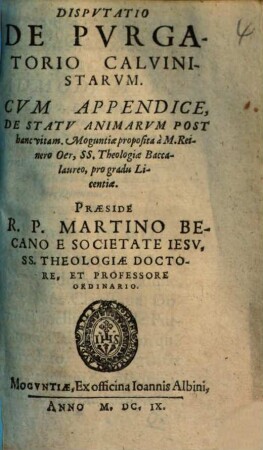 Disputatio de purgatorio Calvinistarum : cum appendice de statu animarum post hanc vitam