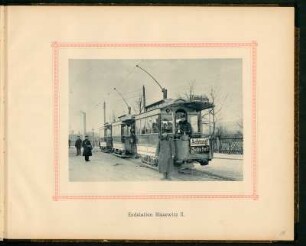 Dresden, Endstation Blasewitz II. der Elektrische Strassenbahn Blasewitz-Laubegast : Endstation Blasewitz II.. (Straßenbahn Richtung Laubegast mit dem Schild Achtung! Bahn frei!) Abbildungen, Blatt 18 aus: Elektrische Strassenbahn Blasewitz-Laubegast : ausgeführt von der Firma: O.L. Kummer & Co., Dresden, Werkstätten für Elektrotechnik, Mechanik und Maschinenbau in Niedersedlitz bei Dresden. [Dresden: 1893]. Dresden: SLUB 49.2.75